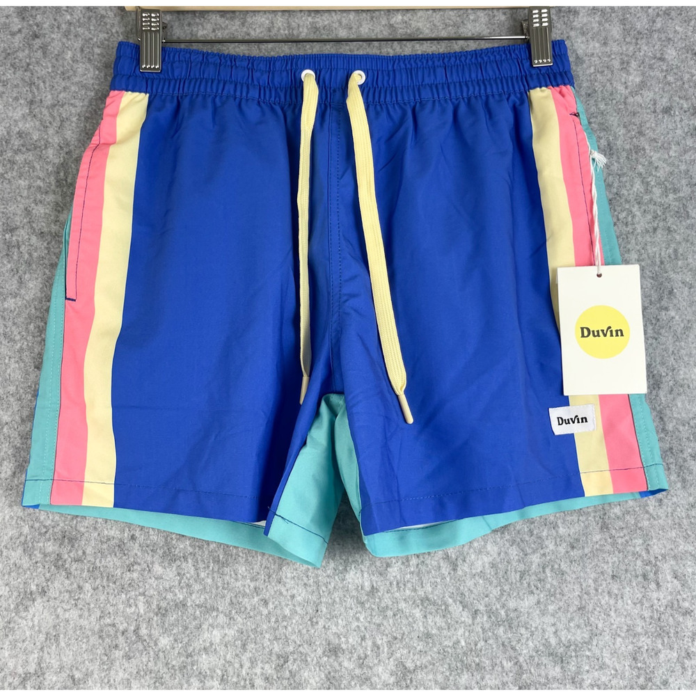 Duvin Swim Shorts Mens Small Blue Striped Volley Trunks Beach Vacation NWT